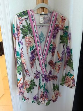Agua Bendita White Floral Surplice Romper with Pink Trim